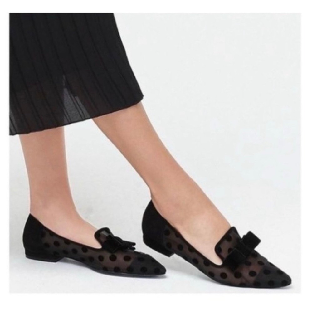 J. Crew Mesh Polka Dot Black Flats‎ Loafers Size 8 velvet bow Pointed Coquette
